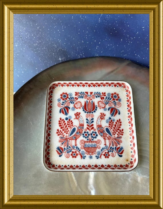 Vintage Austrian enamelled small dish: Eva Scherer Wien, bird, peacock