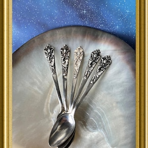 Op de afbeelding: Een verzameling antieke zilveren lepels met sierlijke bloemmotieven op de handvatten. De lepels zijn gerangschikt op een parelmoerachtig oppervlak, tegen een achtergrond van een sterrenblauwe hemel, alles in een gouden lijst.