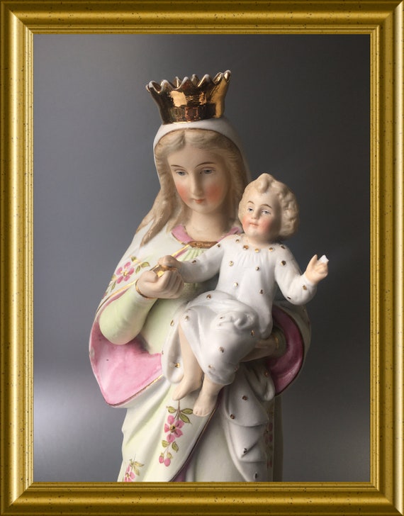 Antique bisque porcelain figurine: Holy Mary with child