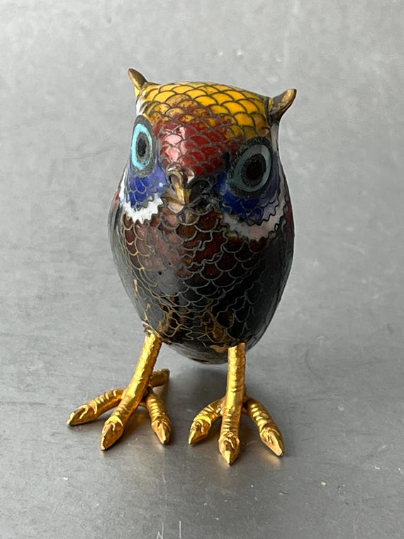 Beautiful small cloisonné statue: miniature bird, owl