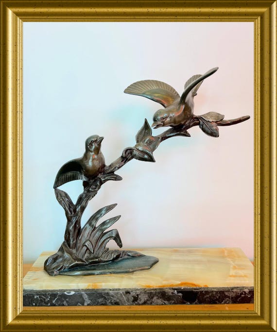 Pick up only, no shipping: Art deco spelter figurine on marble base, birds