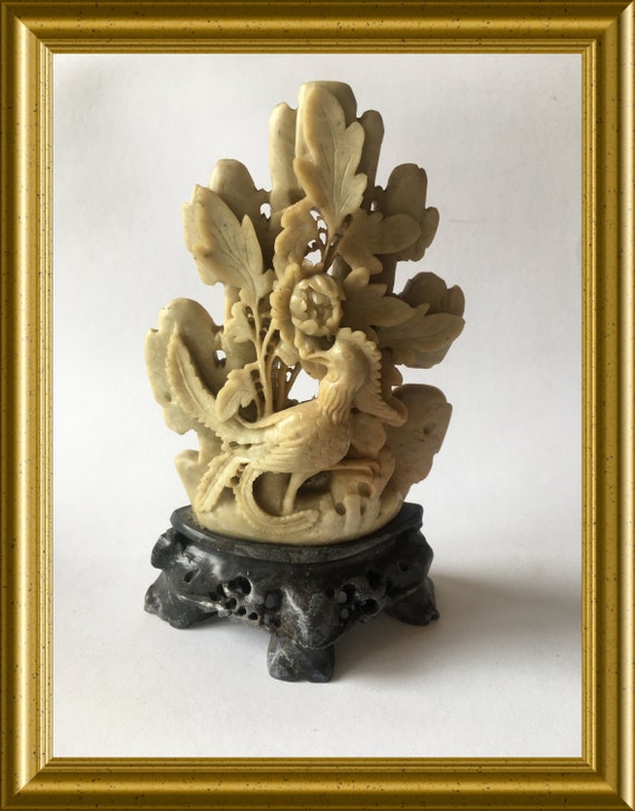 Lovely chinese soapstone bird figurine: phoenix with flowers