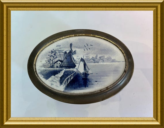 Vintage oval Delft blue box/ tea box with windmill and boat decoration
