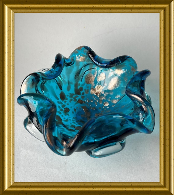 Vintage blue glass bowl with golden flakes inclusions