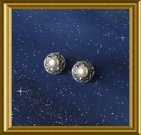 Vintage silver (835) clip on earrings with marcasite and faux pearl