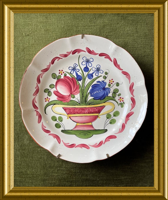 Vintage French hand painted ceramic plate: flower vase, Hadancourt, HAF