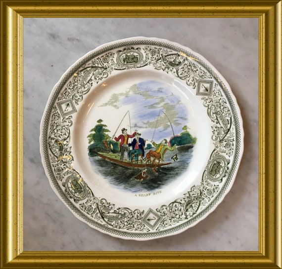 Vintage English Mason plate: fishermen, Mason Angling series