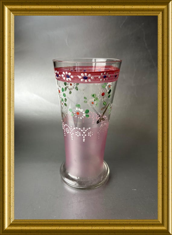 Lovely antique small pink glass vase with handpainted flowers