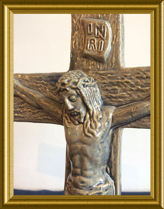 Vintage ceramic cross: crucifix, Jesus Christ