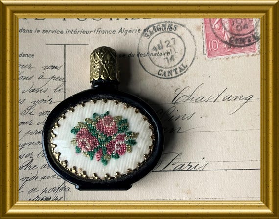 Charming vintage miniature glass perfume bottle with petit point embroidery