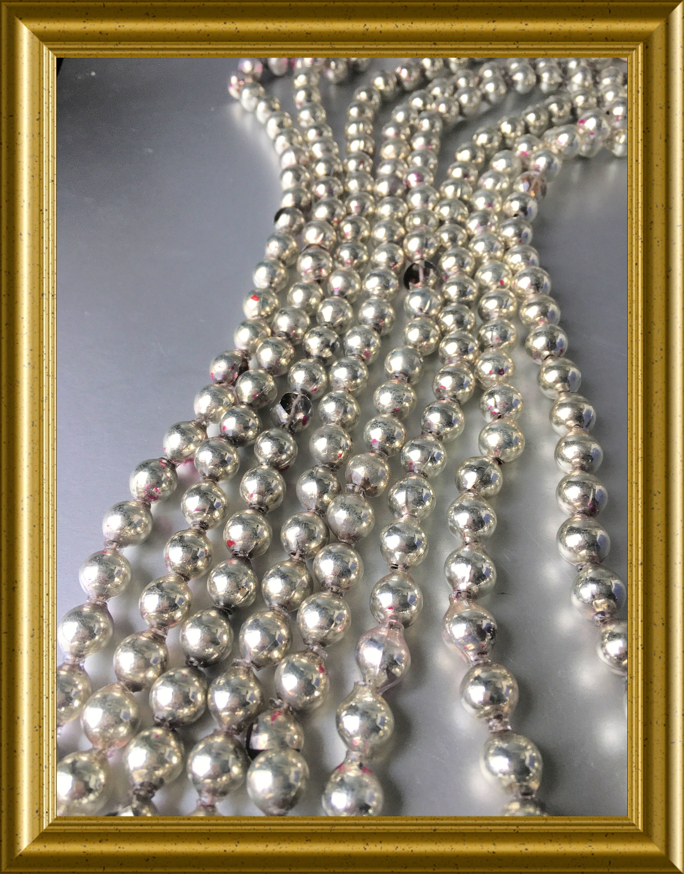 Antique long silver beaded glass christmas tree garland, 350 cm.