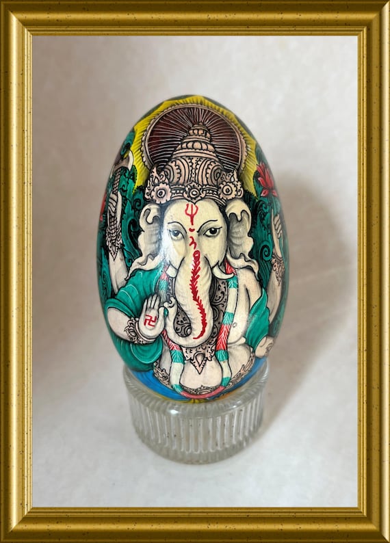 Vintage hand-painted egg: swan, Ganesha