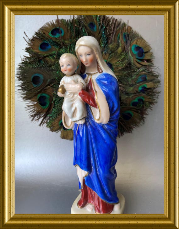 Lovely blue ceramic figurine: madonna, Mary with child