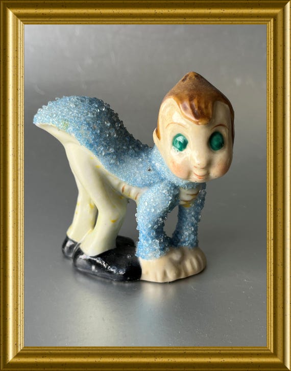 Anthropomorphic cricket grasshopper boy figurine green eyed Japan