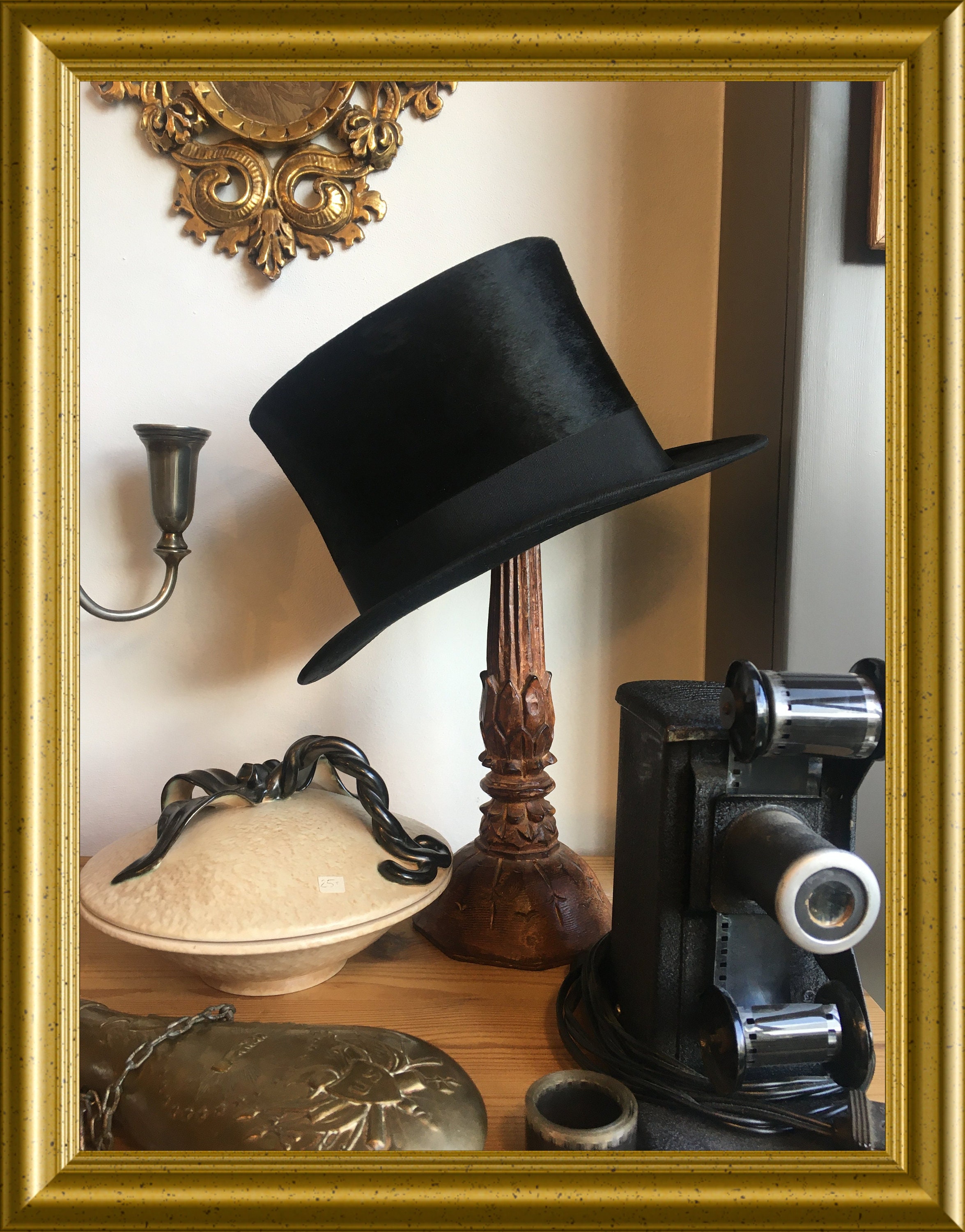 Antique black top hat with box, Burton