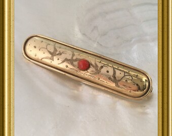 Vintage gold-plated pin brooch: Andreas Daub, coral cabochon, birds