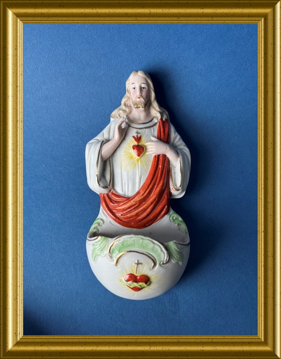 Antique bisque porcelain holy water font: Jesus Christ, sacred heart