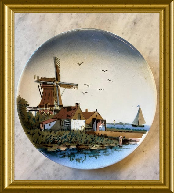 Old plate: windmill, boat