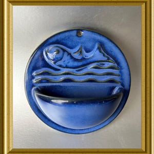 Vintage blue ceramic holy water font: fish, Wim Visser, Sphinx Maastricht