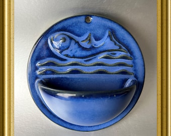 Vintage blue ceramic holy water font: fish, Wim Visser, Sphinx Maastricht