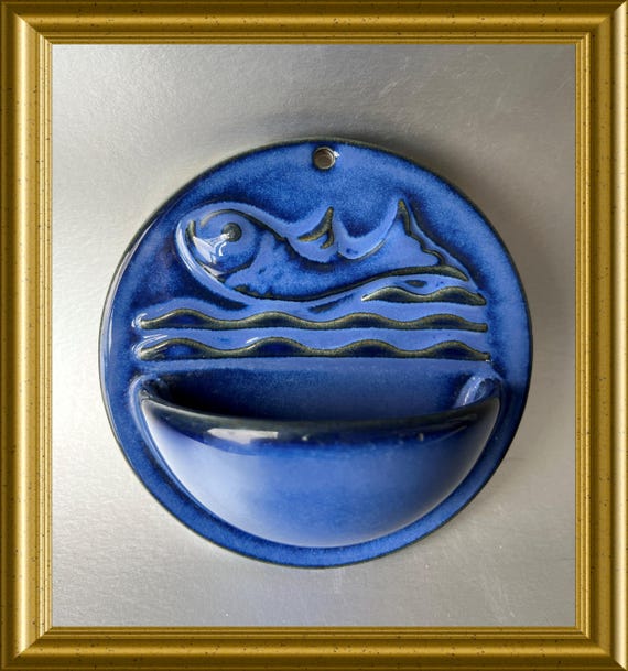 Vintage blue ceramic holy water font: fish, Wim Visser, Sphinx Maastricht