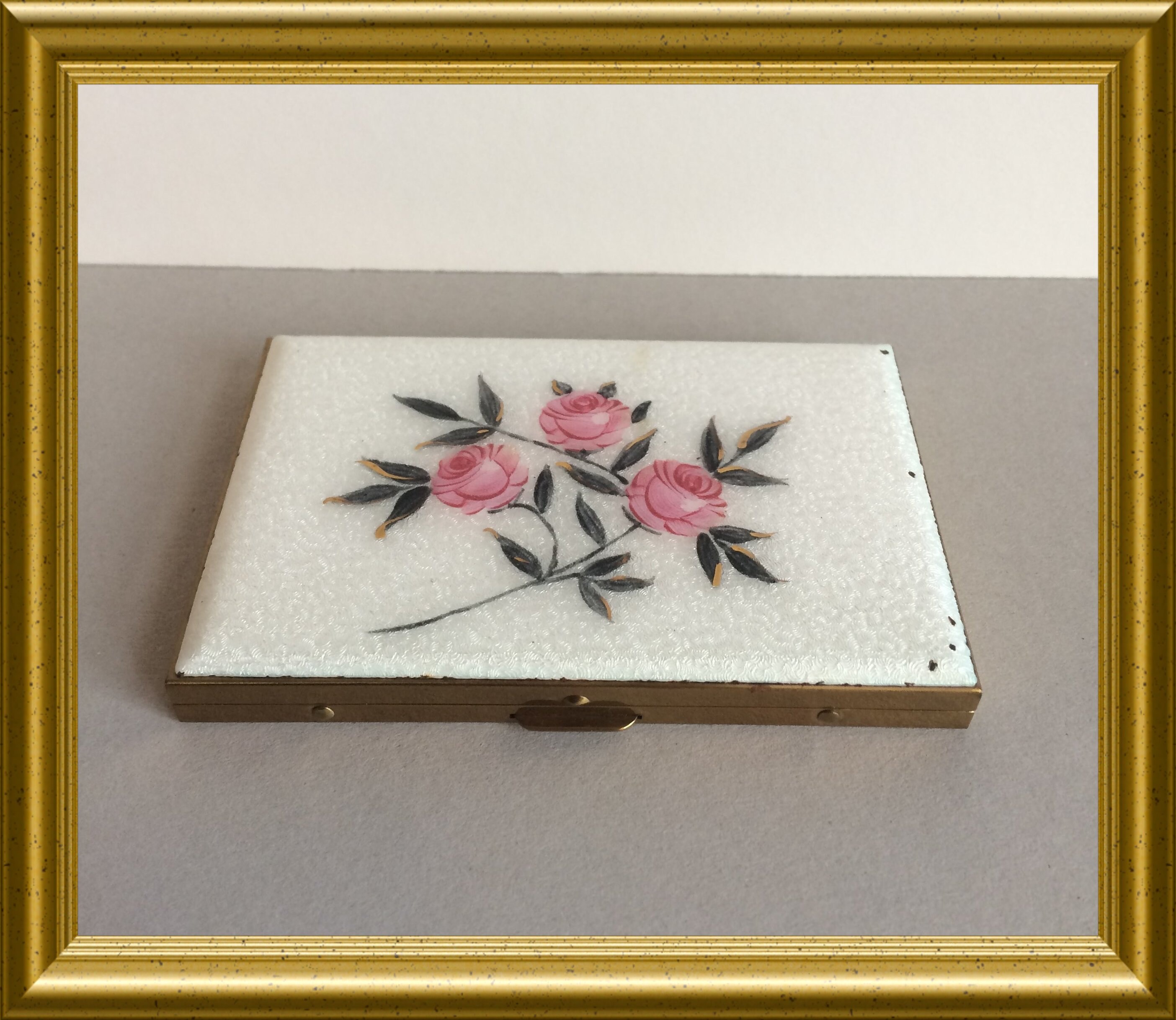 Vintage business card case, guilloche enamel rose