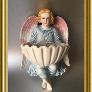 Antique bisque porcelain holy water font: angel
