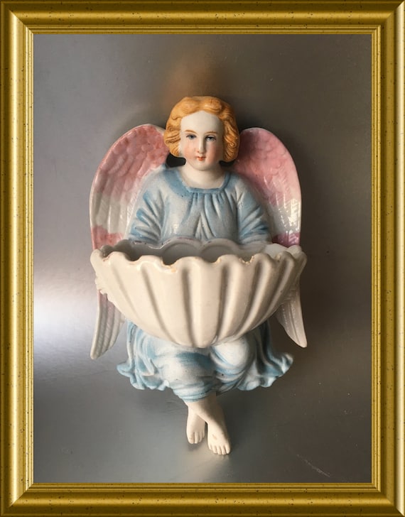 Antique bisque porcelain holy water font: angel