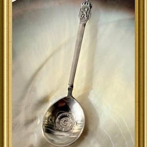 Op de afbeelding: Een zilveren lepel met een gedetailleerd ontwerp. De steel van de lepel heeft een kroon- en leeuwenembleem. De lepelkom heeft een gegraveerd cirkelvormig ontwerp met de letters "N" en "C" en de woorden "FISHER" en "CO." De lepel staat tegen een parelmoer achtergrond.