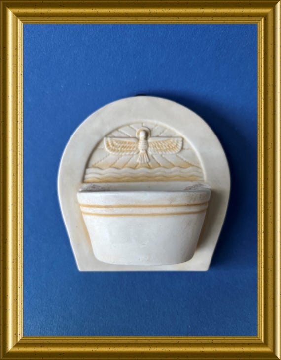 Art deco German ceramic holy water font: stylized dove design