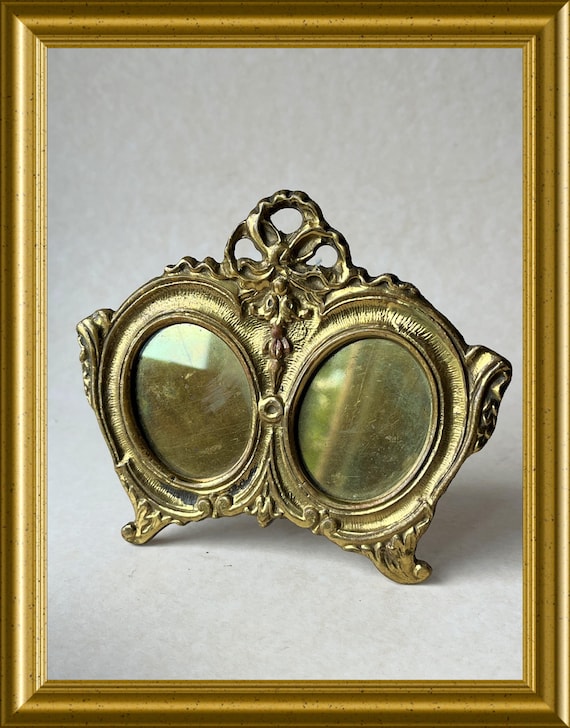 Vintage brass picture frame with bow, for two photos