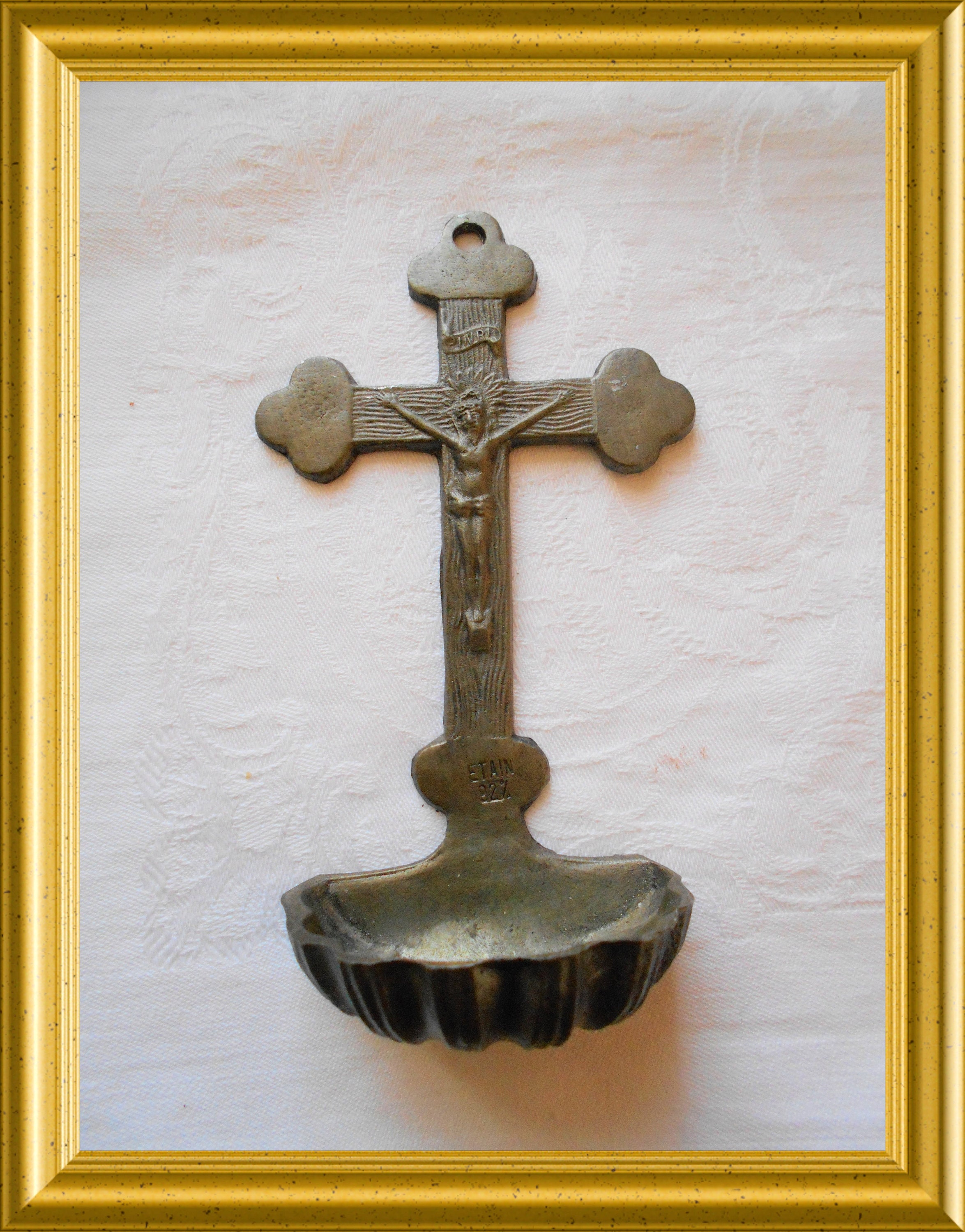 Vintage pewter holy water font, Jesus Christ, cross