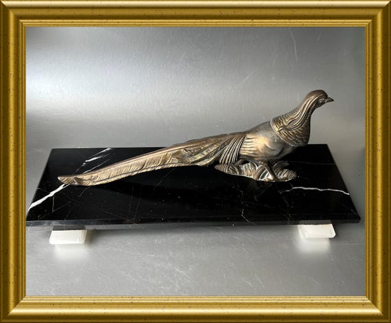 Art deco spelter figurine om marble base : bird, pheasant