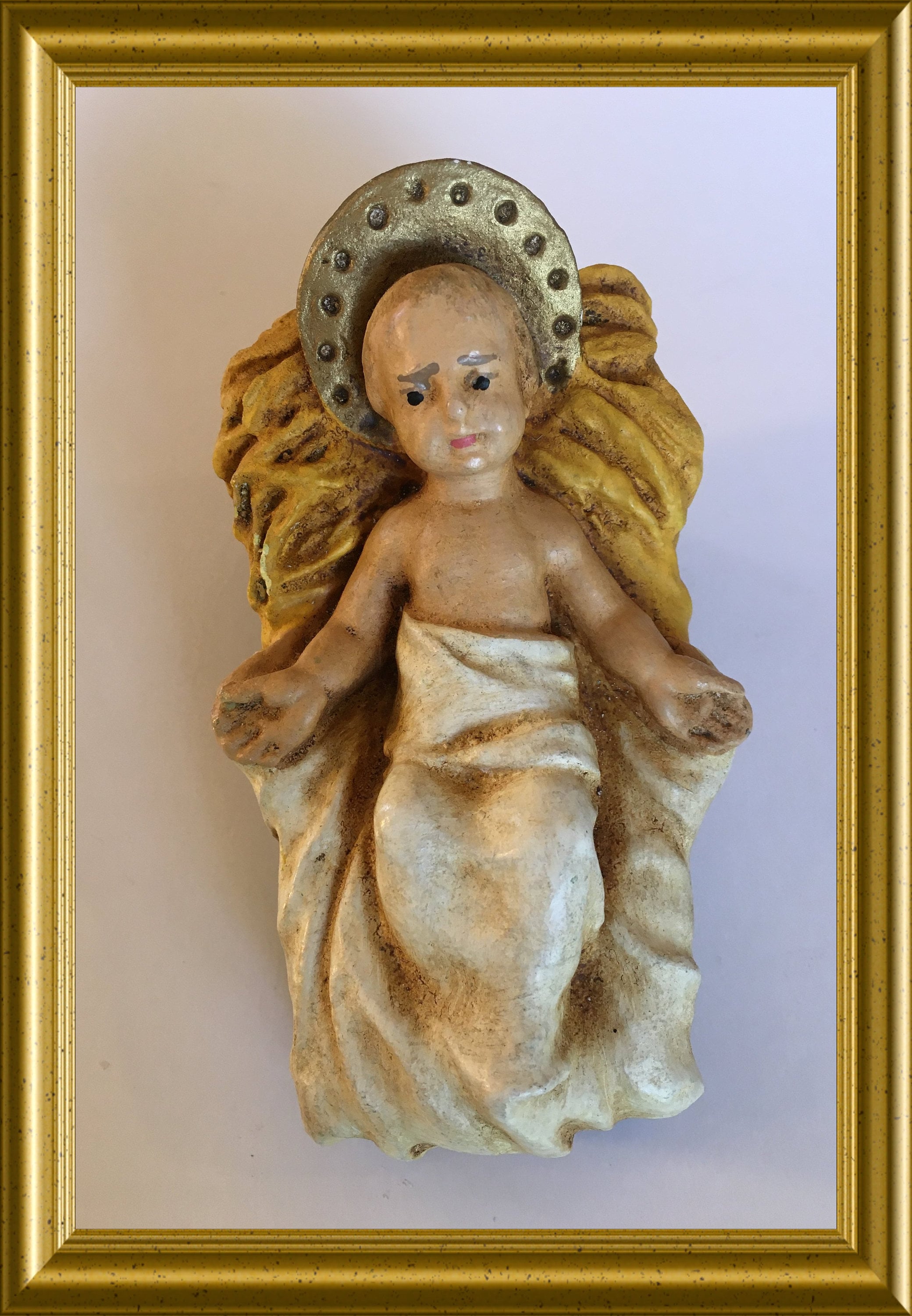 Vintage plaster figurine baby Jesus, infant Jesus, crib, manger