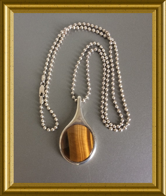 Beautiful big silver pendant and necklace: tiger eye