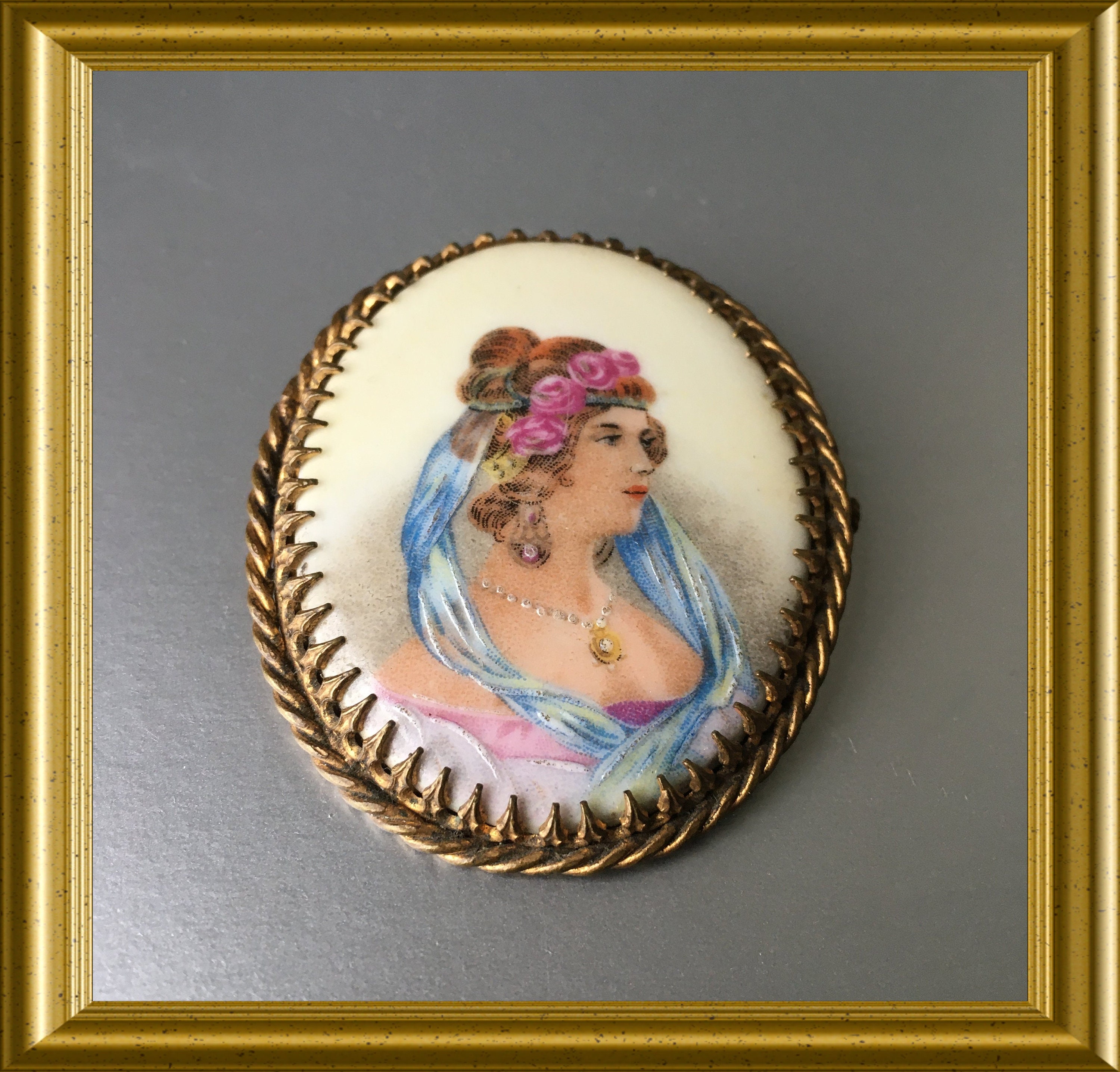 Vintage large French Limoge porcelain portrait brooch