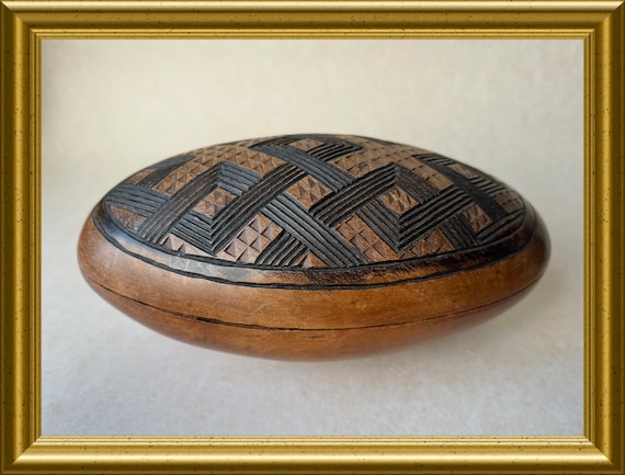 Vintage wooden box, wood carving, egg shape