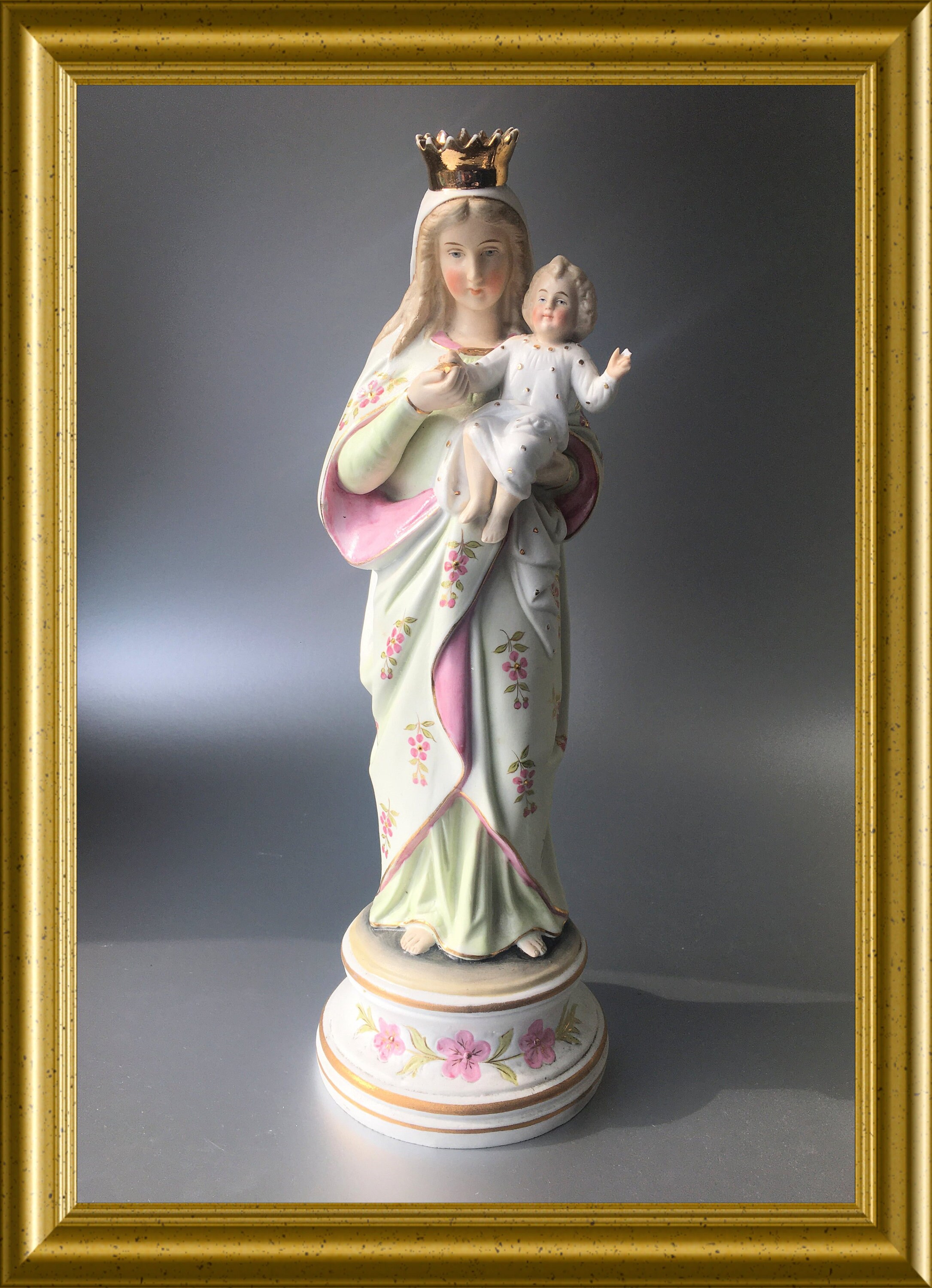 Antique bisque porcelain figurine Holy Mary with child