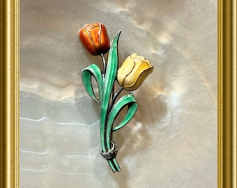 Vintage enameled silver brooch pin: flowers, tulips