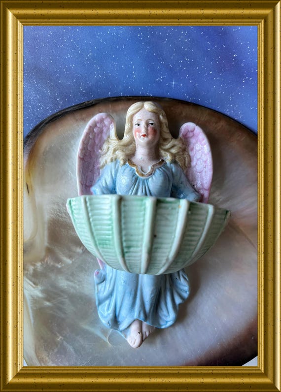 Antique bisque porcelain holy water font: angel