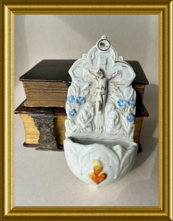 Antique porcelain holy water font: Jesus Christ, cross, heart