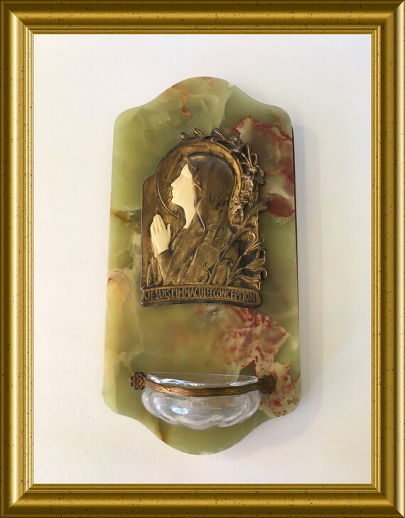 Antique holy water font: onyx, Holy Mary