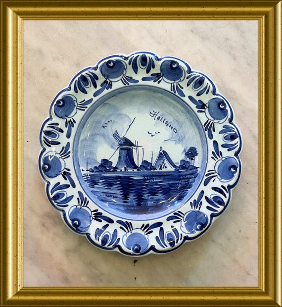 Vintage handpainted Delft blue plate:  windmill, Holland