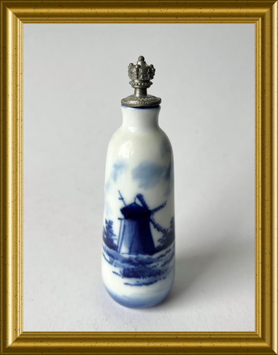 Antique Dutch ceramic perfume bottle: windmill