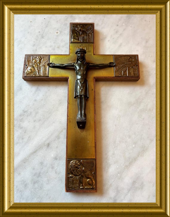 Antique wooden cross: crucifix, Jesus Christ, INRI, 4 evangelists