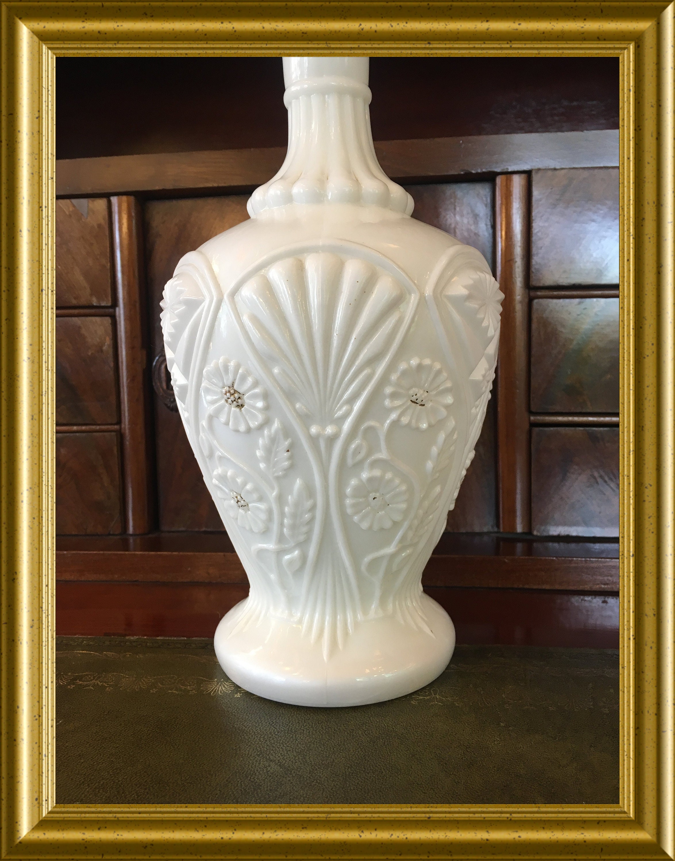 Antique white milk glass vase, pressed glass