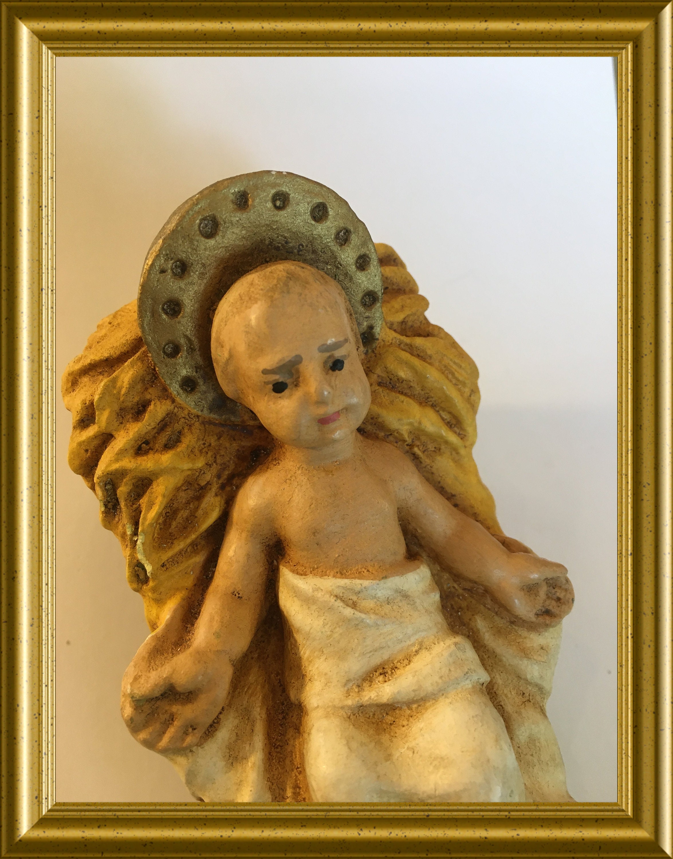 Vintage plaster figurine baby Jesus, infant Jesus, crib, manger