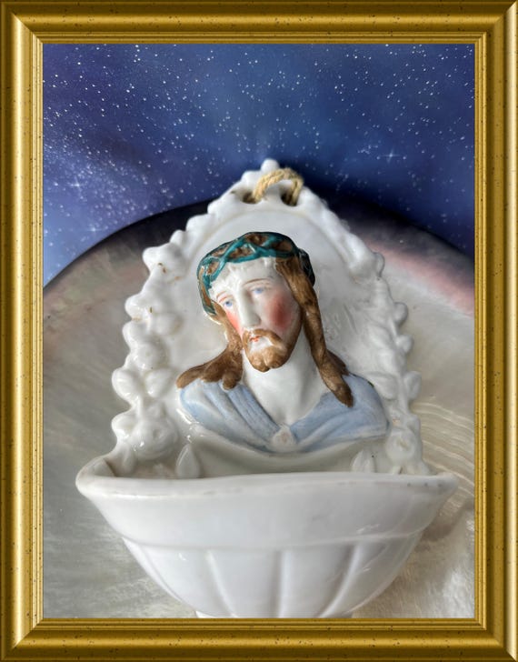 Antique porcelain holy water font: Jesus Christ