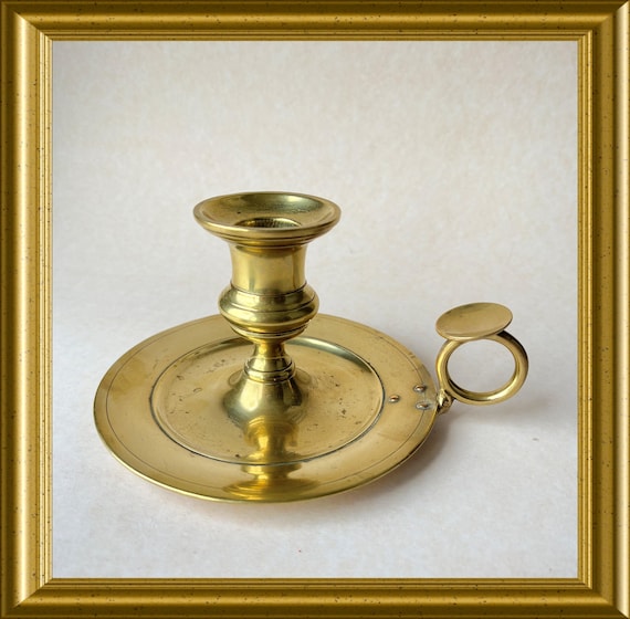 Vintage brass candle holder, chamberstick with handle