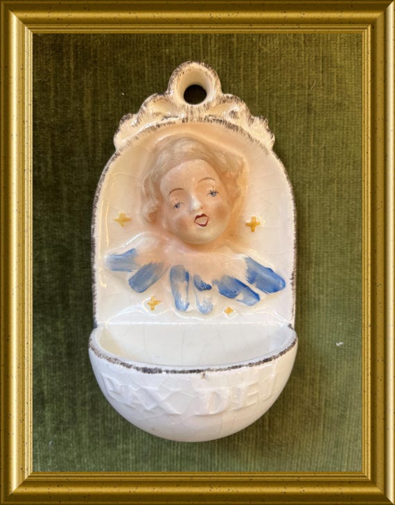 Vintage ceramic holy water font : angel, pax dei